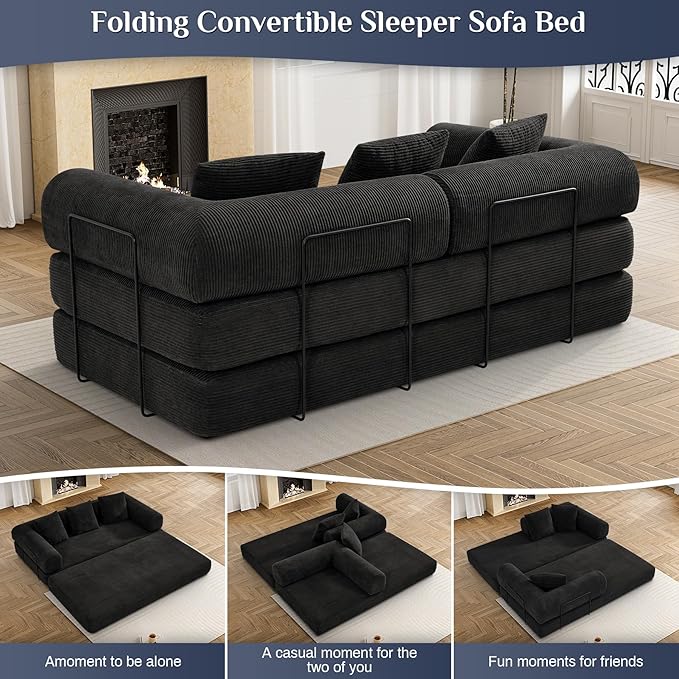 Convertible Sleeper Sofa Bed with Pillow, 4-in-1 Corduroy Folding Mattress Couch with Fixed-Shape Frame, Futon Fold Out Floor Sofa Cama Lounge Couch for Living Room Bedroom Studio, Black