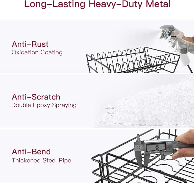 BOOSINY 2 Tier Black Large Stainless Steel Dish Drainers Drying Rack for Kitchen Counter with Drainboard, Rust Proof Metal, Space Saving, Modern Aesthetic, Compact Plates Strainers with Extra Mat