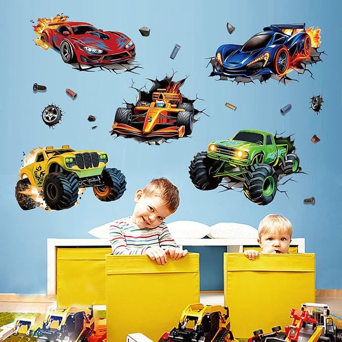 3D Racing Cars Wall Decals - Truck Bursting Through Wall, F1 Racing Cars Wall Stickers for Kids Room Boys Bedroom
