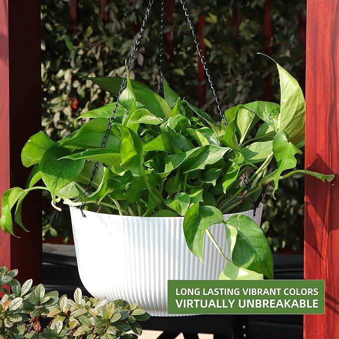 Dexceder 9.8 Inch Self Watering Hanging Planters Indoor Outdoor, Thickened Hanging Basket Flower Plant Pot (2 Pack, White)