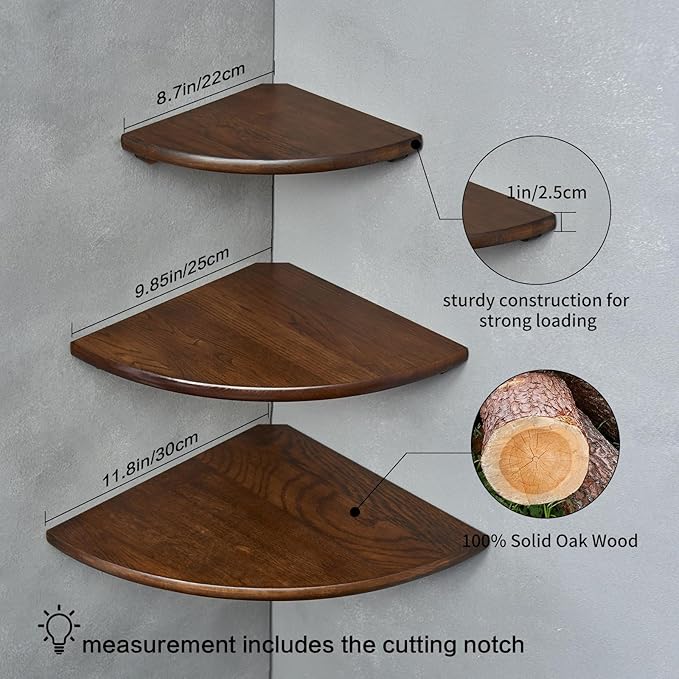 Corner Shelves, Floating Corner Shelf, Set of 3 Solid Oak Wood Corner Wall Shelves, Round End with Wire Hole Shelving for Small Plant for Bedroom Kitchen, Living Room (Size 9/10/12in)