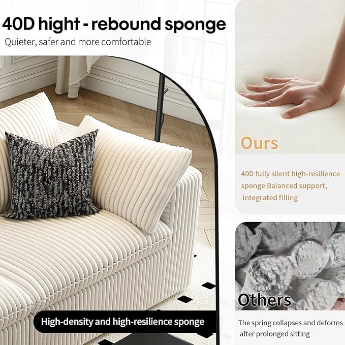 118" Cloud Couch Modular Sectional Sofa for Living Room,Modern Sofa with Deep Seat，L-Shape Boneless Couch with Ottoman,Comfy Upholstered Corduroy Couches for Apartment, Studio, Office,Bedroom，White