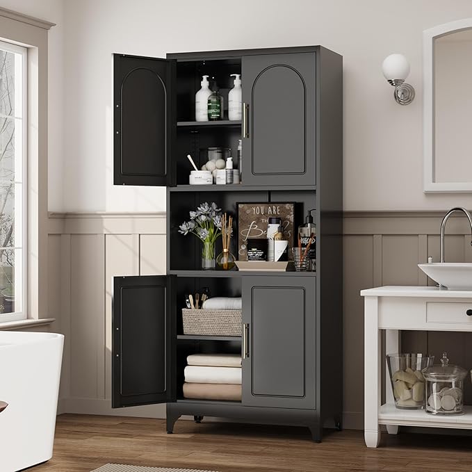 75" Tall Kitchen Pantry Storage Cabinet, Metal Storage Cabinets with 4 Doors and Adjustable Shelves, Black Kitchen Hutch Cabinet with Microwave Stand, Large Cupboard for Dining Living Room