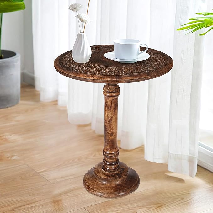 Lightnpro Hand Carved Solid Mango Wood Round Pillar Accent Table - 18" × 22" Rustic Farmhouse Side End Table | VintageRustic Boho Nightstand for Living Room, Bedroom & Entryway