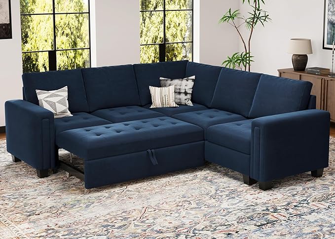 Belffin Modular Sectional Sleeper Sofa with Pull Out Couch Bed Velvet Convertible L Shaped Sectional Couch for Living Room Apartment Blue