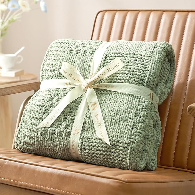 Amélie Home Chenille Knit Throw Blanket for Couch, Checkered Texture Decorative Soft Blanket for Sofa, Bed & Living Room, 50"x60", Sage Green