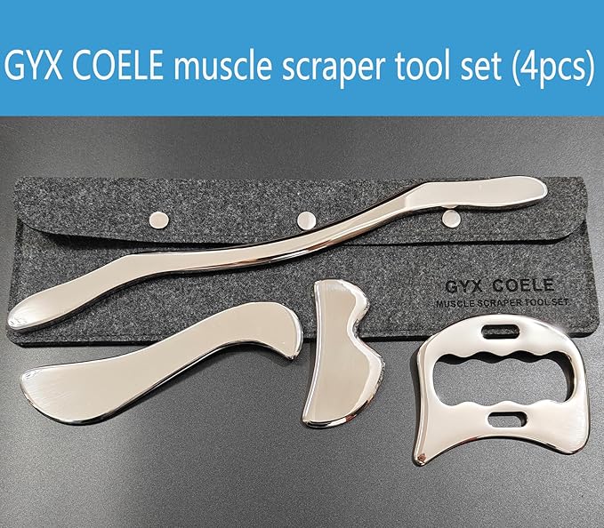4 in 1 Stainless Steel Gua Sha Muscle Scraper Tool, Professional IASTM Physical Therapy Tool Set for Massage and Scraping （4pcs Carry Bag）