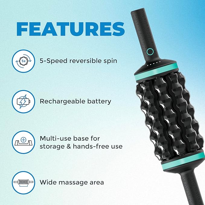 Chirp RPM Rolling Percussive Massager – Deep Tissue Muscle Massager and Back Roller with Hands-Free Base, Rechargeable Leg Massager Roller, 5-Speed Massage Roller Stick for Legs, Foot & Calf Massager