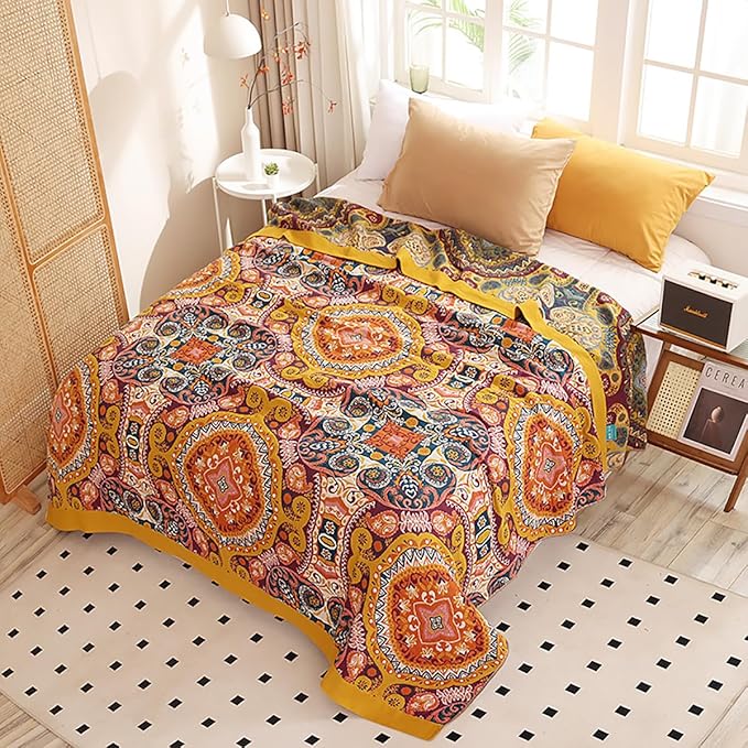 Boho Muslin Blanket for Adults 4-Layer Gauze Twin Size Soft Cozy 100% Cotton Summer Cooling Blanket Floral Decor for Sofa Bed Coverlet Both Sides (A Boho Figure Orange, Twin 60 x 80 in)
