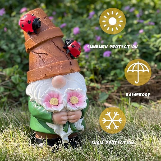 COWOS Garden Gnome Statues Outdoor Decor, Solar Gnomes with LED Lighted Flowers, Solar Resin Outdoor Statue Sculpture, for Woman Gift Home and Garden Decor