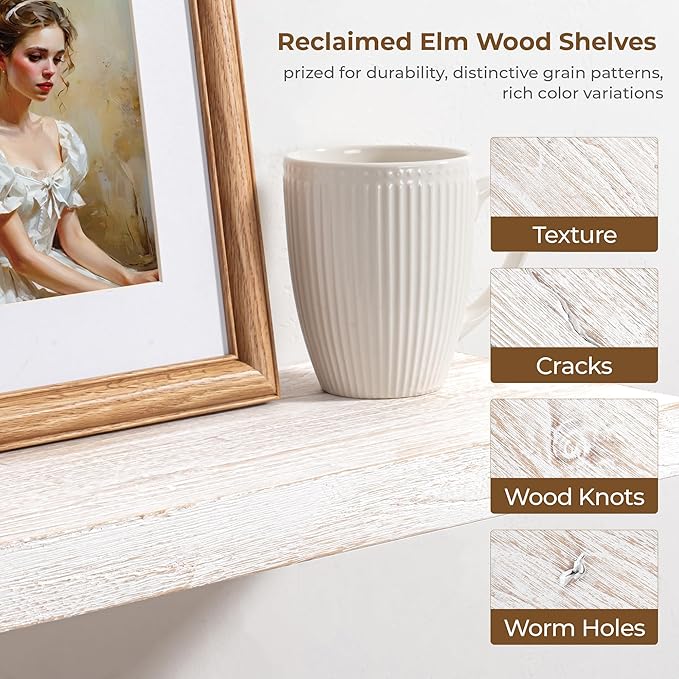 Axeman Floating Shelves for Wall - 32''W x 8'' D Rustic Solid Elm Wood Shelves for Storage, Wall Mounted Display Shelving with Invisible Heavy-Duty Metal Bracket (White Wash, 2PCs)