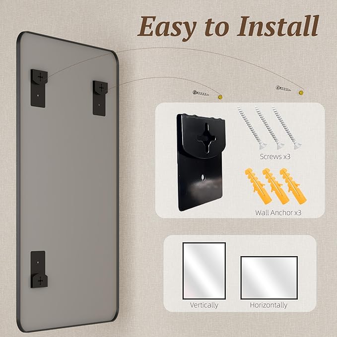 Bathroom Mirror 48" x 36", Large Rectangle Wall Mirror, Black Metal Frame Wall Mounted Mirrors for Bathroom, Vanity, Bedroom, Entryway Decor(Horizontal/Vertical)