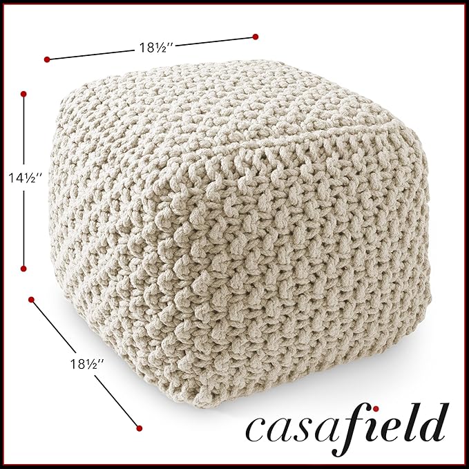 Casafield Square Pouf Ottoman, Natural - 18.5" W x 18.5" D x 14.5" H Cotton Knit Foot Stool - Boho Floor Pouffe for Living Room, Bedroom, Home Office