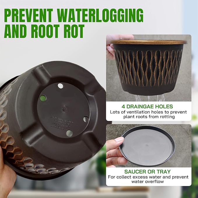 4 Pack 16 Inch Retro Plant Pots, Vintage Striped Flower Pots with Drainage Hole & Saucer, Large Plastic Planters for Indoor and Outdoor Plants, Decorative Garden Pots(Gold)