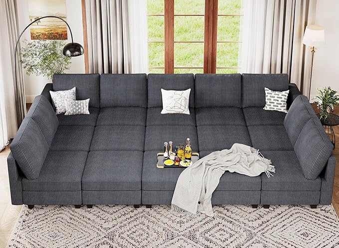 Belffin Large 15 Seat Modular Sectional Sofa with Storage Seat Corduroy Sleeper Sectional Sofa Bed Oversized Convertible Modular Couch for Living Room Dark Grey