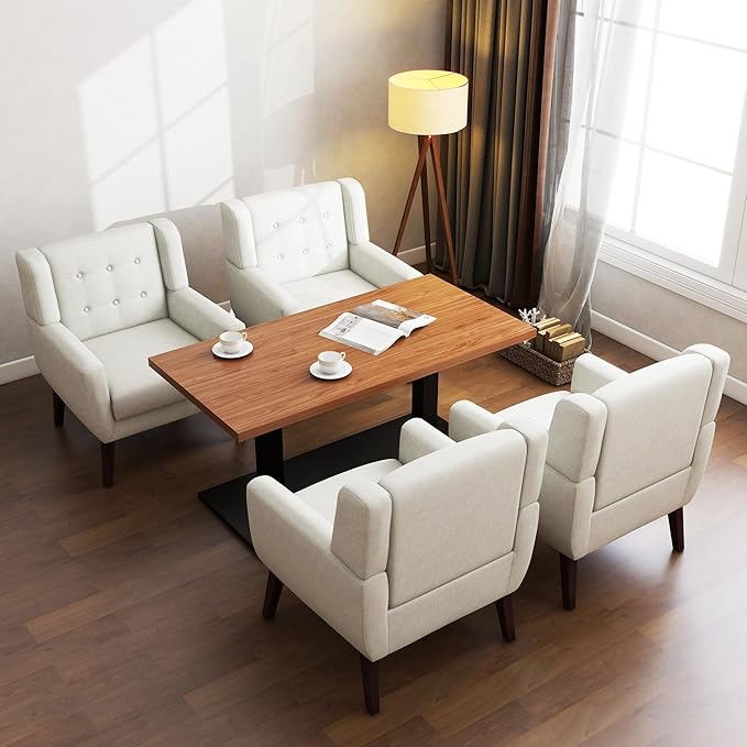 UIXE Accent Chair, Modern Upholstered Armchair in Fabric for Living Room, Comfy Club Arm Chairs Single Sofa Button Tufted Bedroom Reading Seat - Beige, Set of 4