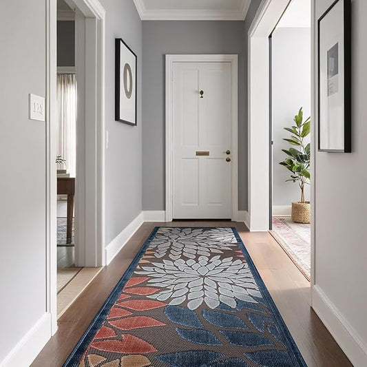 Beverly Rug Outdoor Runner Rug 2x7 Modern Floral Tropical Area Rugs for Indoor and Outdoor Patio Easy to Clean Non Shedding Living Room Porch Garden Washable Outside Carpet (2 x 7 Brown)