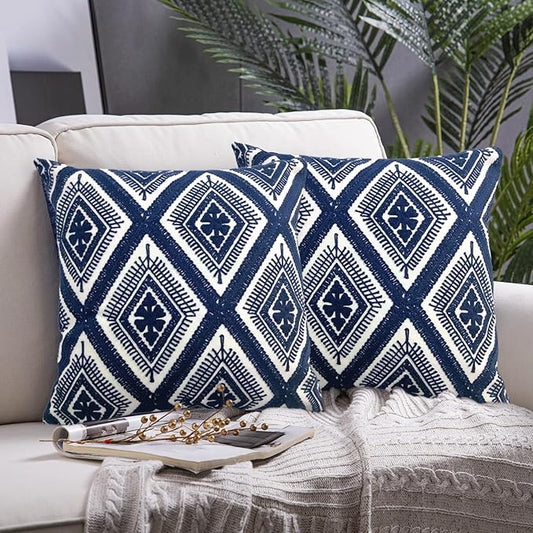 Alysheer Embroidered Decorative Throw Pillow Covers 18x18 inches Set of 2 Pieces, Boho Geometric Modern Chic Classic Pattern Cotton Cushion Cases for Sofa Couch Bed Living Room(Navy Blue)