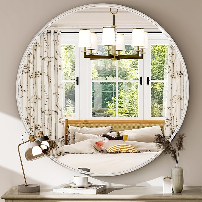 24 Inch Round Bathroom Mirror - Wall Mounted Circle Mirror with Metal Frame, Modern Mirror Suitable for Bathroom, Vanity, Entryway, Living Room, Wall Decor,Silver