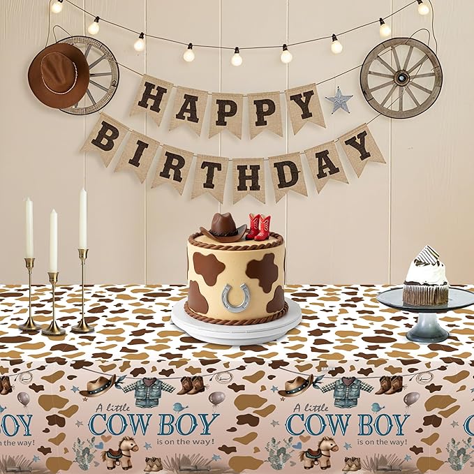 ATFUNSHOP Cowboy Baby Shower Tablecloth 4 Pack 54X108 A Little Cowboy is On The Way Western Theme Table Cover, Rustic Baby Boy Rodeo Party Decorations