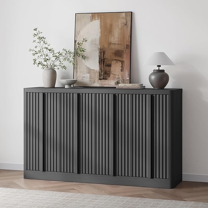 Fluted Buffet Cabinet with Storage, 60" Sideboard Buffet Storage Cabinet with 4 Doors & Adjustable Shelves, Wood Coffee Bar Credenza Accent Cabinet for Kitchen, Dining Room, Living Room, Black(1PCS)
