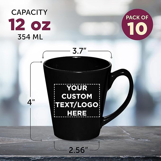 DISCOUNT PROMOS Custom Glossy Ceramic Latte Coffee Mug 12 oz. Set of 10, Personalized Bulk Pack - Perfect for Tea, Espresso, Cappuccino, Hot Cocoa - Black