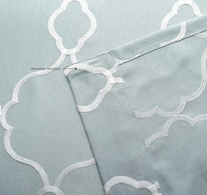 MIUCO Moroccan Embroidery Semi Sheer Curtains Faux Linen Grommet Curtains for Living Room 52 x 84 Inch 2 Panels Set, Sea Foam