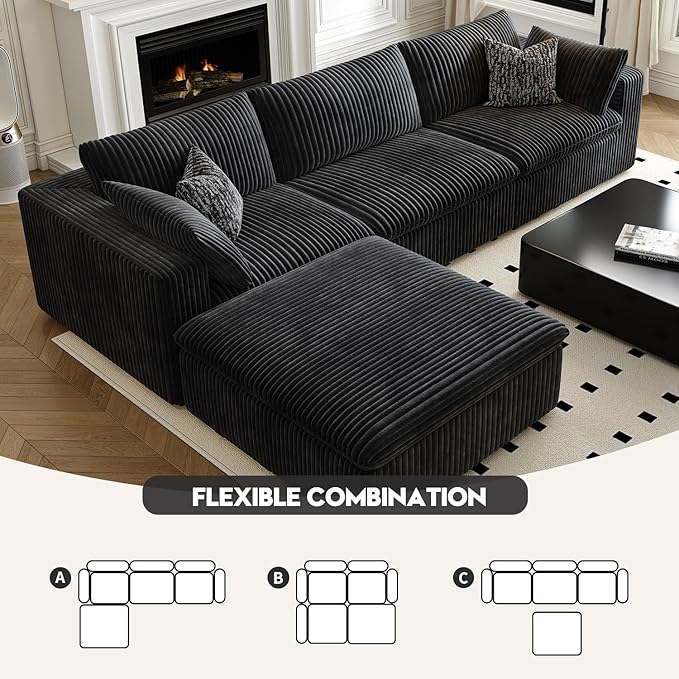 118" Cloud Couch Modular Sectional Sofa for Living Room,Modern Sofa with Deep Seat，L-Shape Boneless Couch with Ottoman,Comfy Upholstered Corduroy Couches for Apartment, Studio, Office,Bedroom，Black