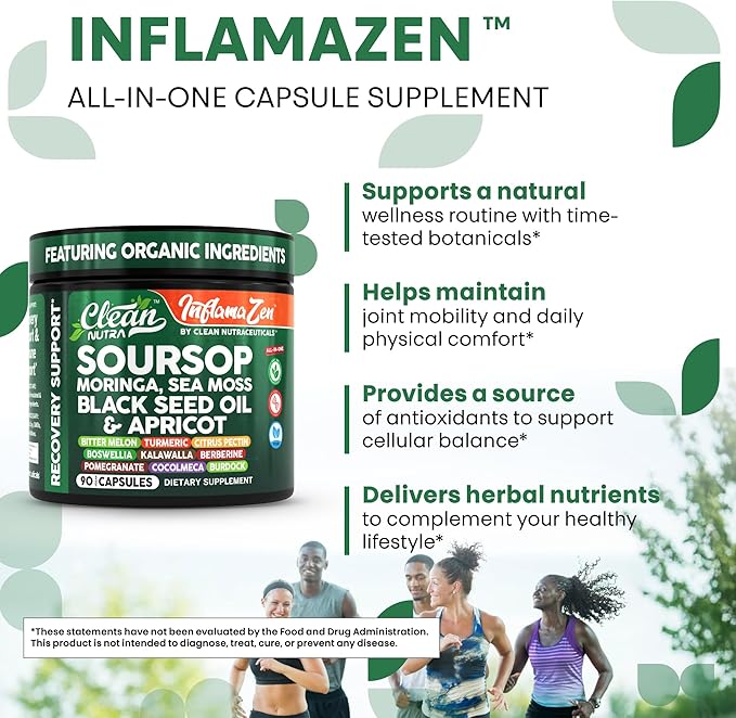 Clean Nutra Soursop Supplement Moringa Sea Moss Black Seed Oil Berberine Turmeric Resveratrol Quercetin Greens Bitters Boswellia Bitter Melon Burdock Root Antioxidant Support 90 Capsules