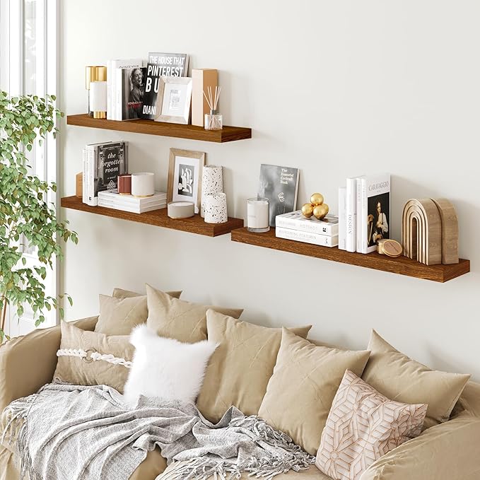 BAMEOS Floating Shelves,40 in W x 8in D Wall Mounted Wooden Shelves with Invisible Brackets Set of 3, Hanging Wall Shelves Decoration for Bedroom, Bathroom, Living Room and Kitchen