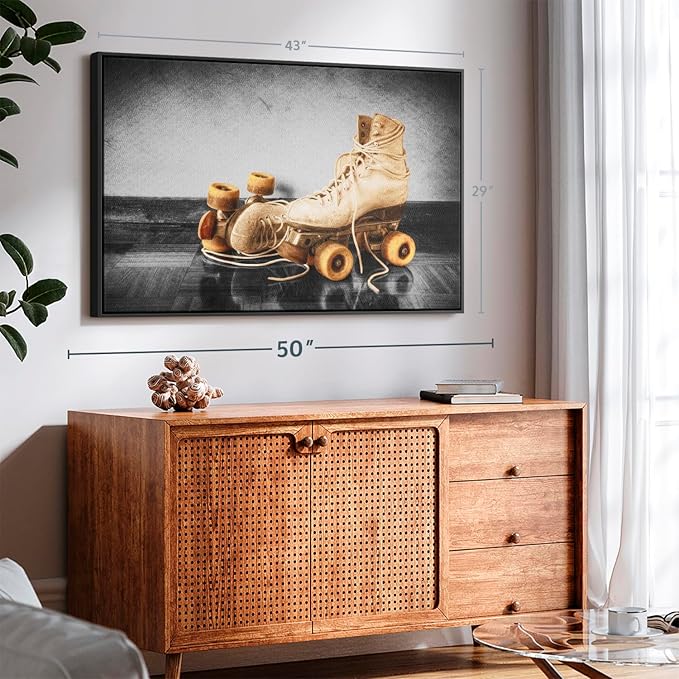 ElephantStock Vintage Skates Pop Wall Art - Horizontal Framed Canvas - 1-Piece Living Room Wall Decor - Sport Photography Canvas Print - Beige and Black Decor for Wall - 43" X 29"