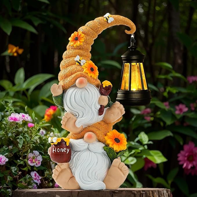 Garden Gnome Statue with Solar Lights – Large Outdoor Sculptures for Patio, Lawn, Yard – Ideal Gifts for Moms, Women, Grandma, Mothers Day, Birthdays, – Funny Double Gnomes Decoration for Housewarming