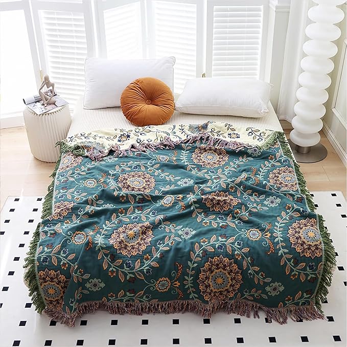 Snycler Boho Throw Blanket for Bed - 100% Cotton Ultra Soft Rustic Quilt - Blue Green Floral Printed Farmhouse Decor Bed Blankets, 80"×90" All Season Rustic Throw for Sofa Couch Chair