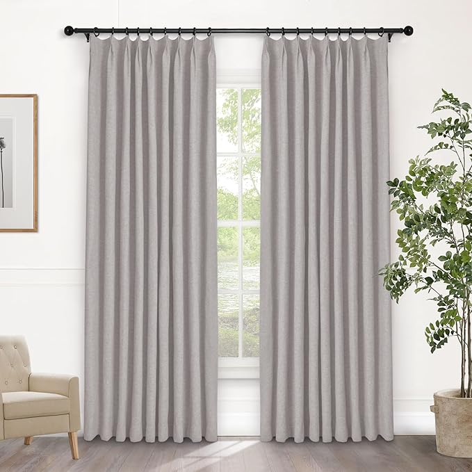 Macochico Pinch Pleated Blackout Curtains 102 Inches Long 100% Blackout Natural Linen Drapes for Bedroom Living Room Windows Farmhouse Burlap Curtains with Tieback 52”Wx102”L Browish Grey 1 Panel