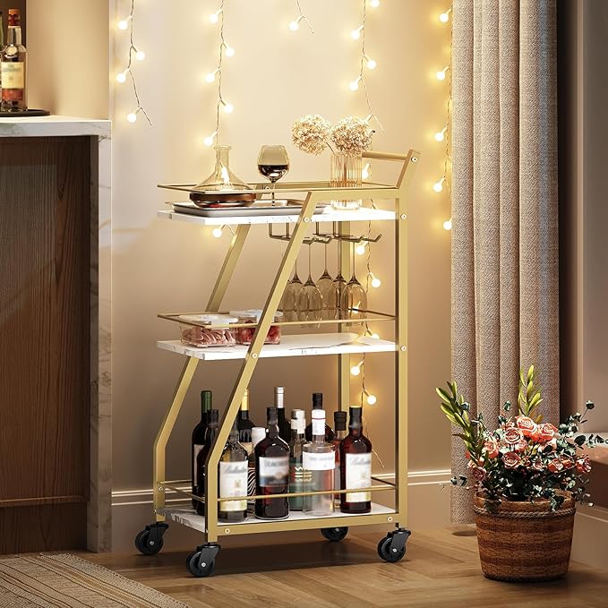 Bar Cart, Gold Bar Cart for The Home, Small Bar Cart on Wheels, Beverage Cart, Home Bar Serving Cart with Glass Holder, Drink Cart for Bar, Kitchen, Dining, Marble White and Gold BC03DW