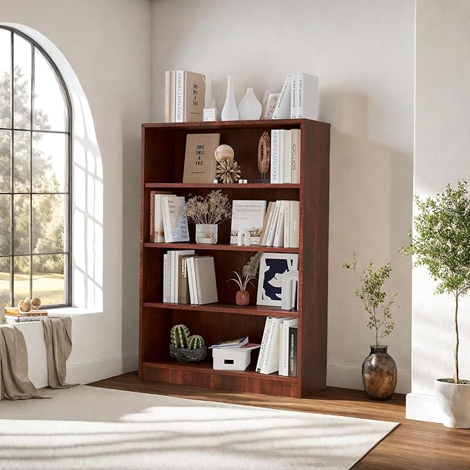 Bookshelf, Open Modern Bookshelf, 4 Shelf Bookcase with Freestanding Display Storage, Wooden Book Shelf for Bedroom, Living Room, Dinning Room, Office, 48 Inch, Brown