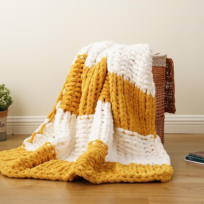Battilo Chunky Knit Throw Blanket, Soft and Thick Chenille Throw Blanket, 50"x60" Handmade Cable Knit Crochet Blanket, Large Rope Knot Throw Blankets for Couch Sofa Bed Home Decor, Yellow & White