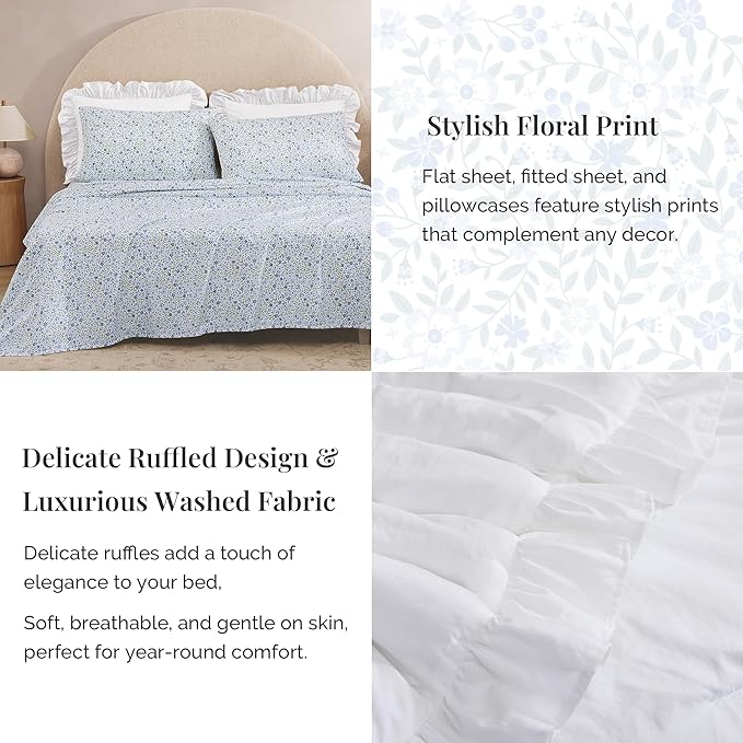 Full Comforter Set - 7 Pieces Ruffle White Bedding Sets, Shabby Chic Farmhouse Bed in a Bag Full with Ruffle Comforter, Floral Sheets, Pillowcases & Shams