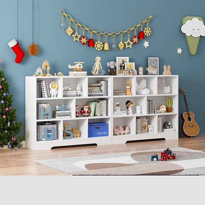 Book Shelf Set of 2, 8 Cubes Storage Organizer, 3-Tier Open Shelf Wooden Bookcase, Freestanding White Bookshelf Cube Shelf for Bedroom, Living Room, Home Office