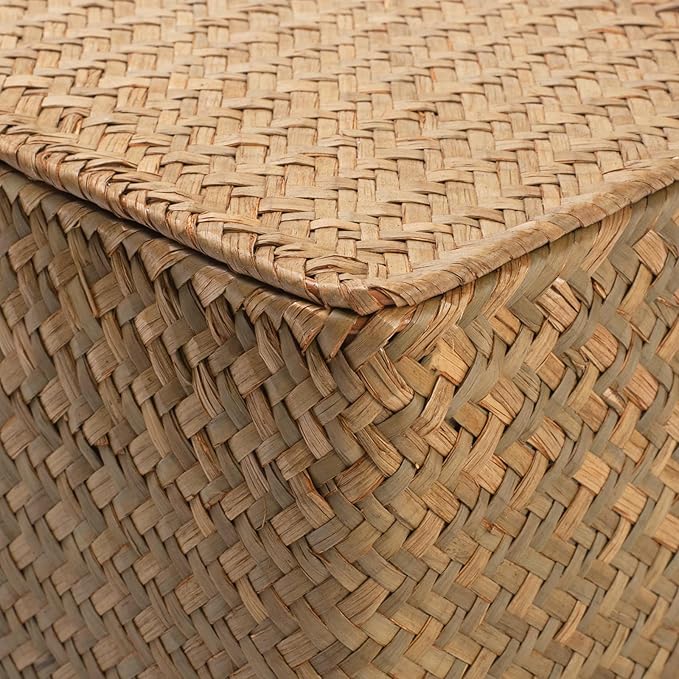 Wicker Basket with Lid, Seagrass Storage Basket, Woven Baskets for Storage, Decorative Storage Baskets for Shelf Organizing, Natural