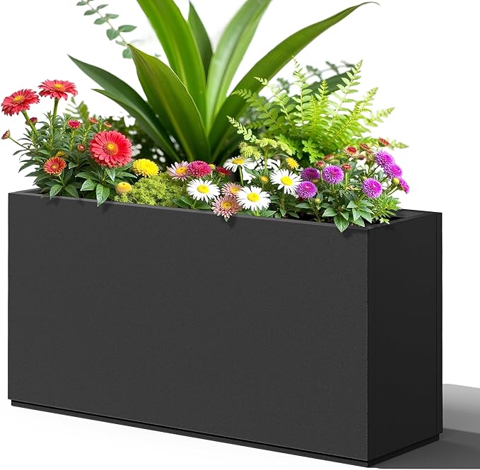 FENCY Metal Rectangular Planter Box, Large Planters for Outdoor Plants, Tall Planters for Outdoor Plants with Drainage Holes (32" L x 10" W x 16.3" H,Black)