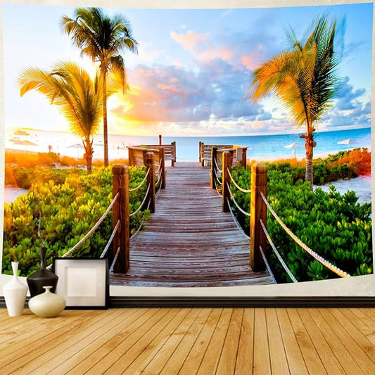 Delur Beach Sunset Tapestry Tropical Seaside Palm Tree Coastal Tapestry Wall Hanging Sunrise Nature Landscape Scenic Psychedelic Headboard for Bedroom Living Room Home Decor (59.1" x 78.7")