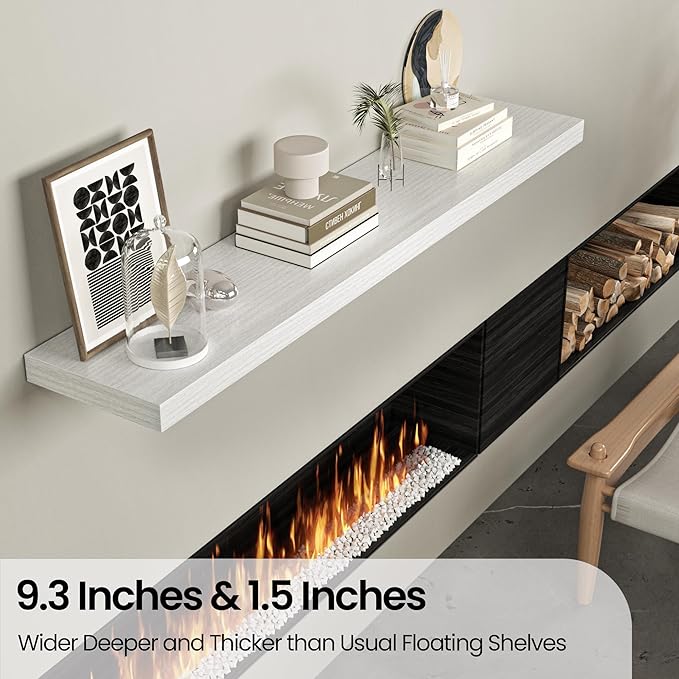 Floating Shelves for Wall, 72"W x 9.3"D x 1.5"H, Long Wooden Wall Mounted Display Shelves with Invisible Brackets for Living Room, Bedroom, Bathroom, Kitchen Decor and Storage, Set of 1, White