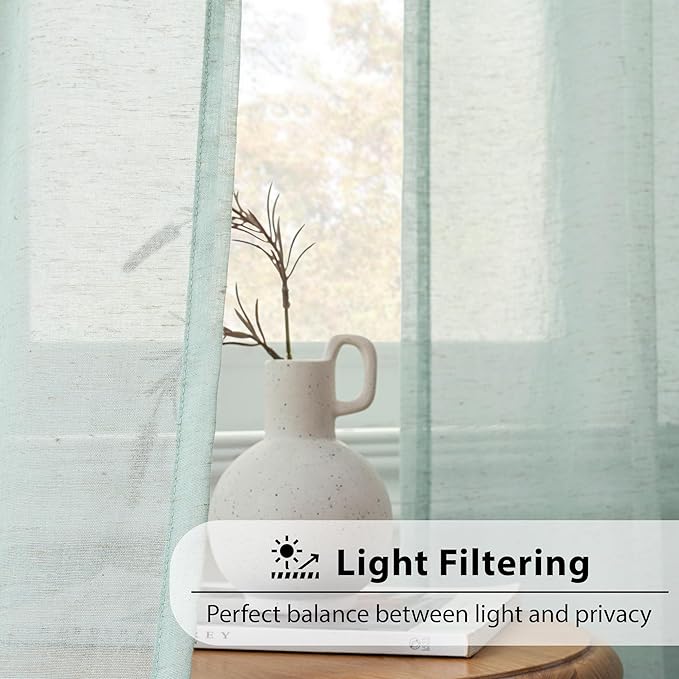 FMFUNCTEX Linen Sheer Curtains for Bedroom, Sage Green Curtains 96 inches Long for Living Room, Farmhouse French Flax Blend Window Draperies, Rod Pocket 2 Panels Set