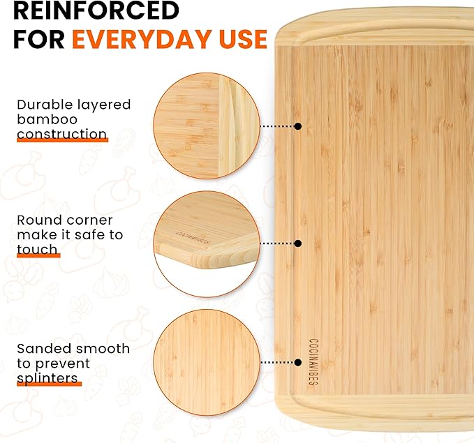Bamboo Cutting Board Set – Charcuterie & Chopping Boards for Kitchen, Large & Small Sizes, Safe Cutting Boards for Meat, Cheese, Pizza – Home & Kitchen Gift Idea