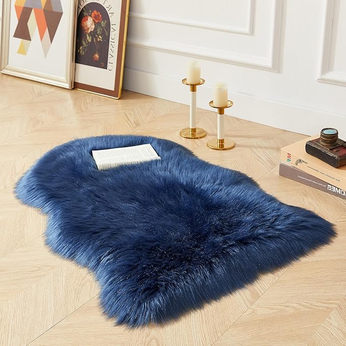 AMTOVO Faux Fur Rug, Dark Blue Small Area Rug, Fluffy Sheepskin Rug, Fuzzy Ultra Soft 2 x 3 ft Shag Rugs for Bedroom Sofa Throw Cushion Room Decor, Sheepskin