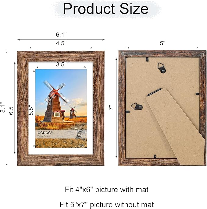 5x7 Picture Frame Set of 4, 5 x 7 Wood Photo Frames with Mat for 4x6, Natural Wooden Frame with Real Glass Cover for Wall and Tabletop Display,Rustic Brown