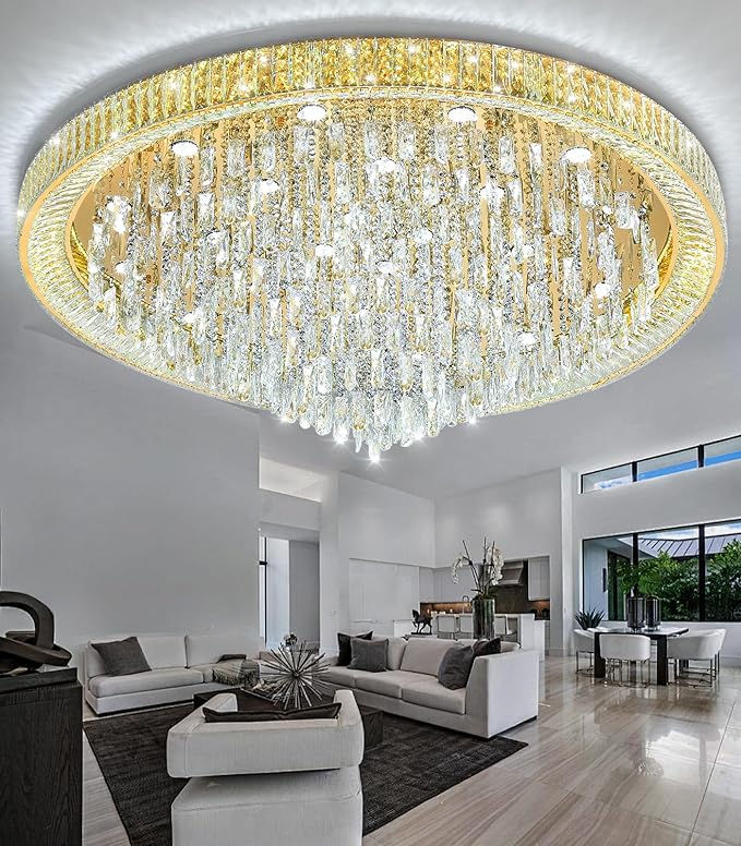 53.7'' Modern Crystal Big Large Chandeliers LED Dimmable Flush Mount Ceiling Chandeliers for Living Room High Ceiling Entrance Foyer Lobby Bedroom Gold