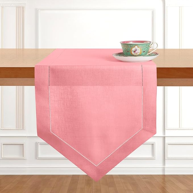 D'Moksha Homes Dusty Pink Linen Table Runner 120 Inches Long - 100% Pure Linen Diamond Table Runner 14 x 120 Inch for Dining, Fall and Halloween - Machine Washable