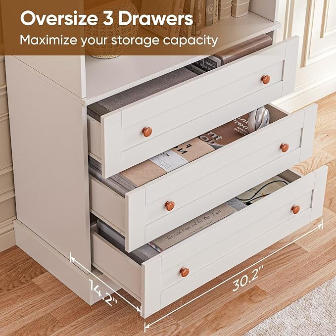 Vyre 71" Tall Farmhouse Bookshelves with Drawers, Set of 2 – Large Modular Bookcase with Adjustable Shelves, Storage Cabinet for Living Room, Kitchen, Home Office, White